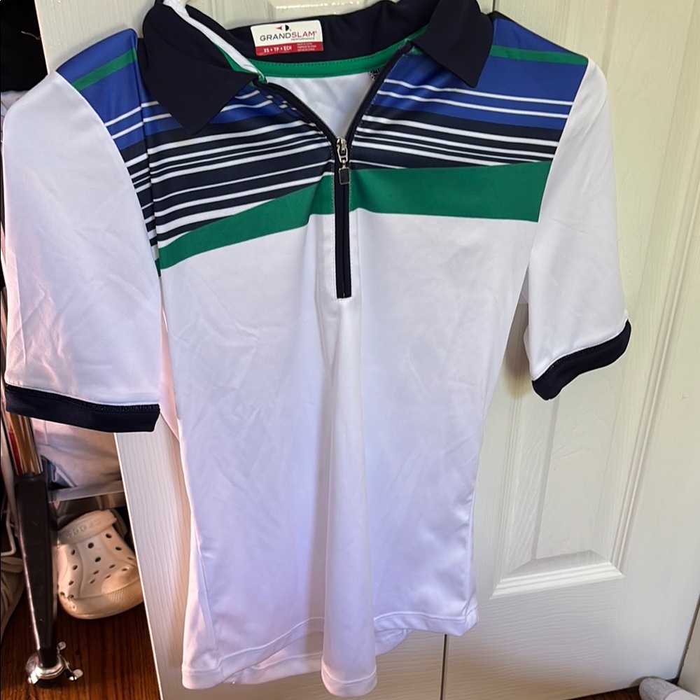 Grand Slam womens White and Blue Striped Polo Shirt